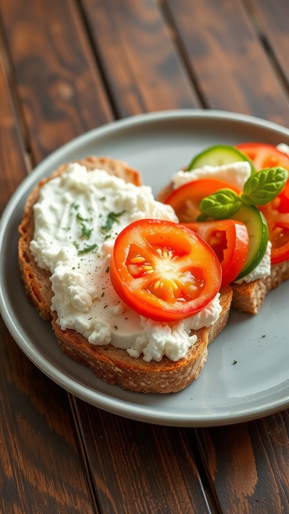 Cottage cheese toast with tomatoes and cucumbers on whole grain bread, garnished with herbs on a rustic table.